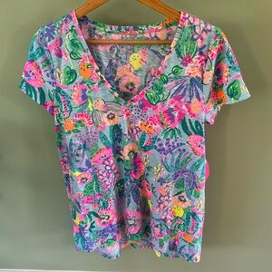 Lilly Pulitzer Tropical Floral V-Neck Tee - Pink, Green, Purple